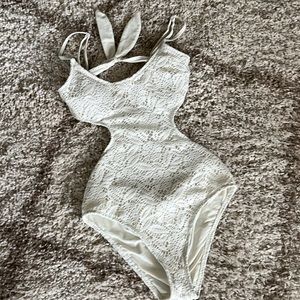 Aerie White Cutout Crocheted Cheeky Monokini